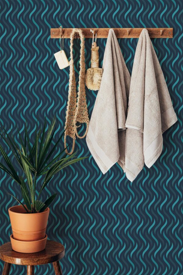 Boho style bathroom decorated with Water illusion peel and stick wallpaper