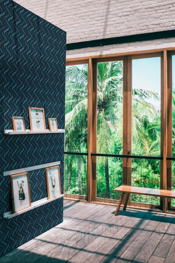 Coastal style living room decorated with Water illusion peel and stick wallpaper