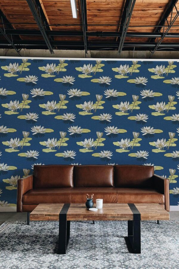 Industrial rustic style living room decorated with Water lilies peel and stick wallpaper