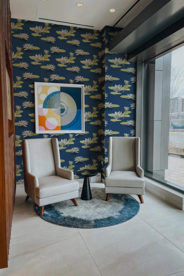 Mid-century-modern style living room decorated with Water lilies peel and stick wallpaper