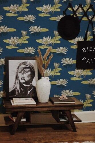 Rustic farmhouse style entryway decorated with Water lilies peel and stick wallpaper