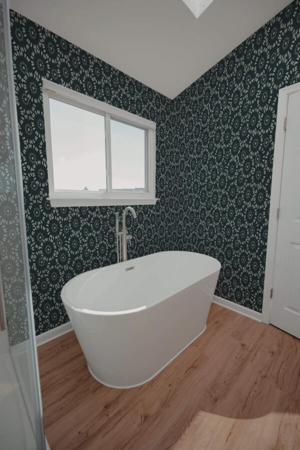 Modern style bathroom decorated with Watercolor abstract flower peel and stick wallpaper