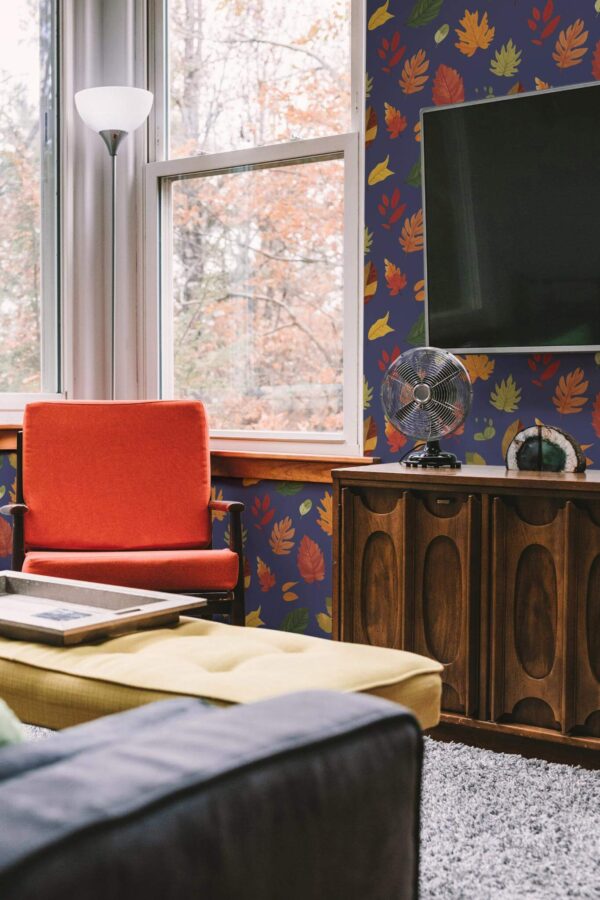 Rustic style living room decorated with Watercolor autumn leaves peel and stick wallpaper