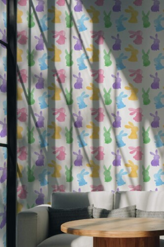 Scandinavian style living room decorated with Watercolor bunny peel and stick wallpaper