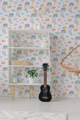 Minimal boho style living room decorated with Watercolor bunny with balloons peel and stick wallpaper