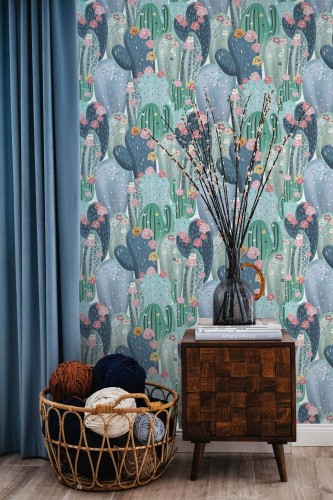 Coastal style living room decorated with Watercolor cactus plant peel and stick wallpaper