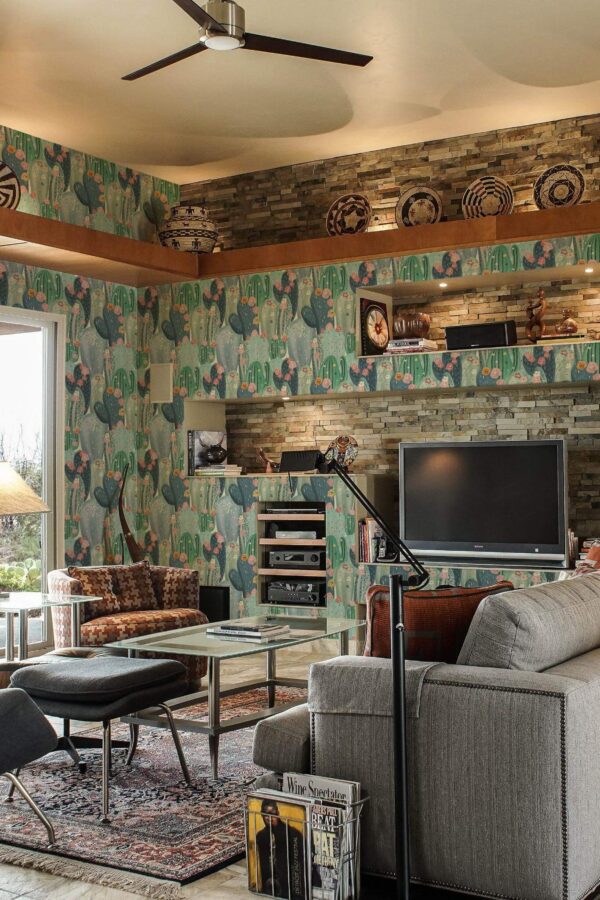 Scandinavian style living room decorated with Watercolor cactus plant peel and stick wallpaper and Mediterranean accents