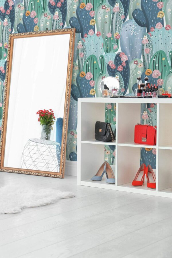 Scandinavian style powder room decorated with Watercolor cactus plant peel and stick wallpaper