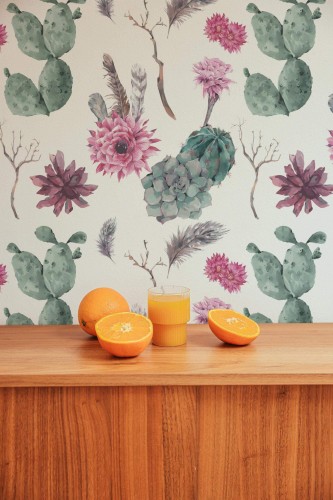 Mid-century style living room decorated with Watercolor cactus peel and stick wallpaper