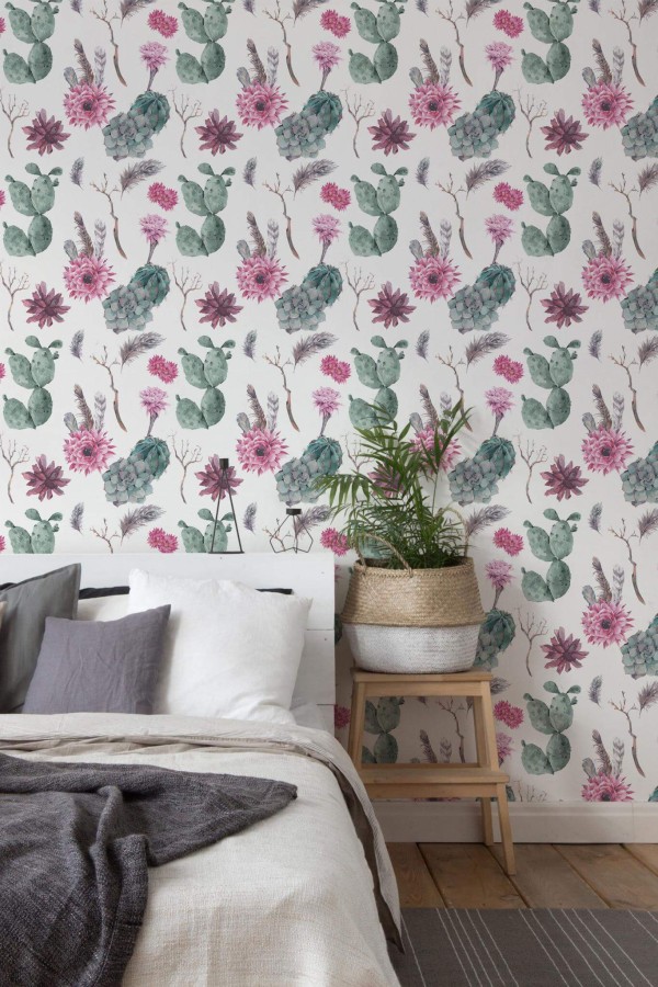 Scandinavian style bedroom decorated with Watercolor cactus peel and stick wallpaper
