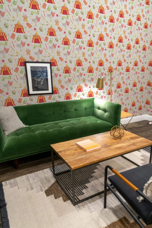 Mid-century modern living room decorated with Watercolor circus nursery peel and stick wallpaper and forest green sofa