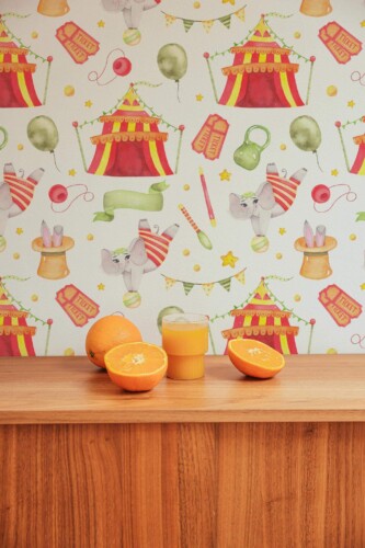 Mid-century style living room decorated with Watercolor circus nursery peel and stick wallpaper