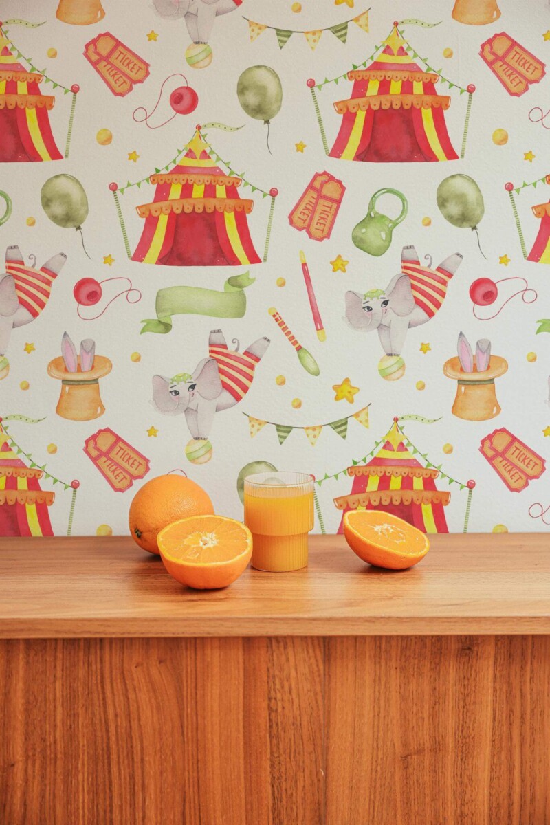 Mid-century style living room decorated with Watercolor circus nursery peel and stick wallpaper