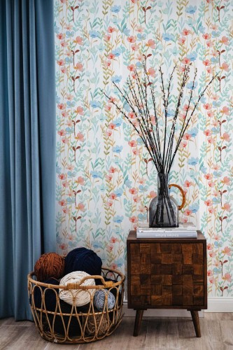 Coastal style living room decorated with Watercolor flowers peel and stick wallpaper