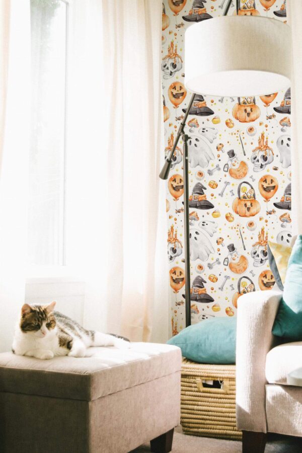 Coastal style living room decorated with Watercolor halloween peel and stick wallpaper