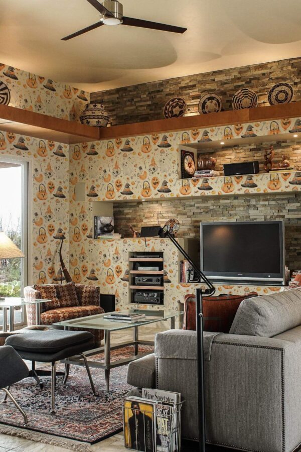 Scandinavian style living room decorated with Watercolor halloween peel and stick wallpaper and Mediterranean accents
