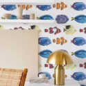 Modern style dining room decorated with Watercolor pisces peel and stick wallpaper