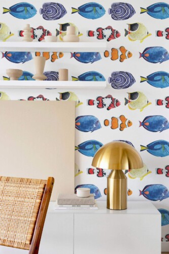 Modern style dining room decorated with Watercolor pisces peel and stick wallpaper