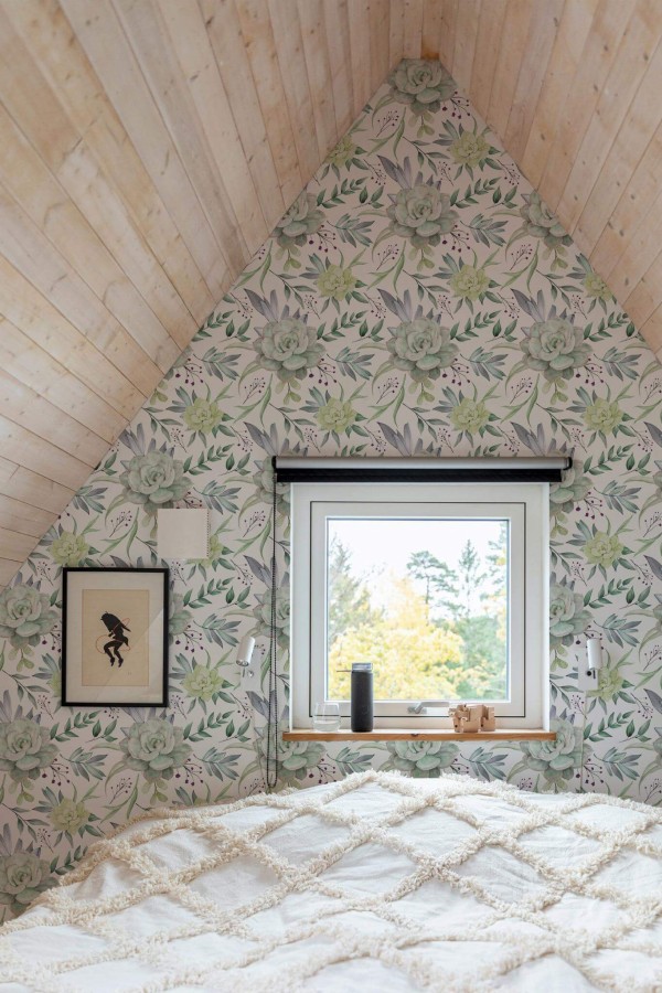 Light farmhouse style bedroom decorated with Watercolor Succulents peel and stick wallpaper