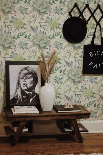 Rustic farmhouse style entryway decorated with Watercolor Succulents peel and stick wallpaper
