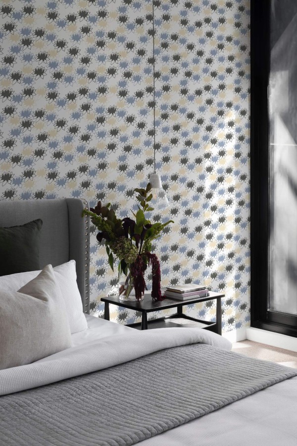 Scandinavian style bedroom decorated with Waterlily peel and stick wallpaper