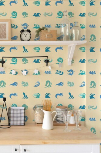 Light farmhouse style kitchen decorated with Waves in the sand peel and stick wallpaper