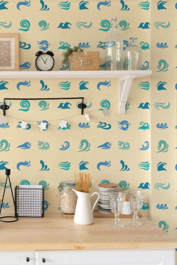 Light farmhouse style kitchen decorated with Waves in the sand peel and stick wallpaper