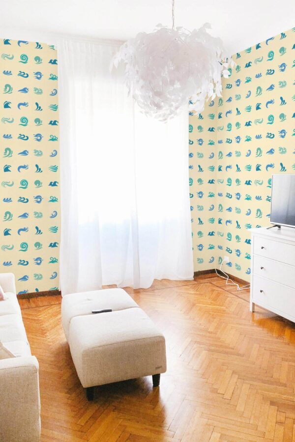 Mondern boho style living room decorated with Waves in the sand peel and stick wallpaper