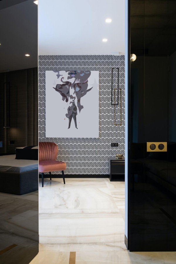Art deco style bedroom decorated with Wavy geometric peel and stick wallpaper