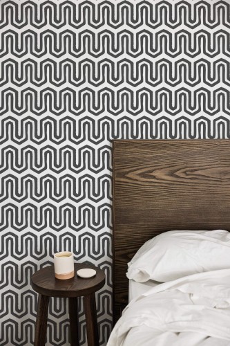 Farmhouse style bedroom decorated with Wavy geometric peel and stick wallpaper