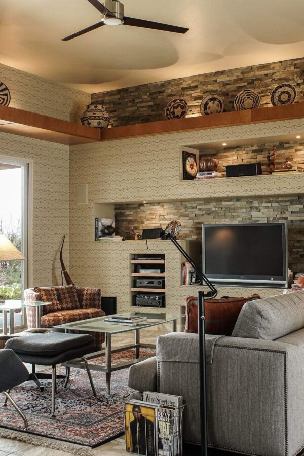 Scandinavian style living room decorated with Wavy peel and stick wallpaper and Mediterranean accents