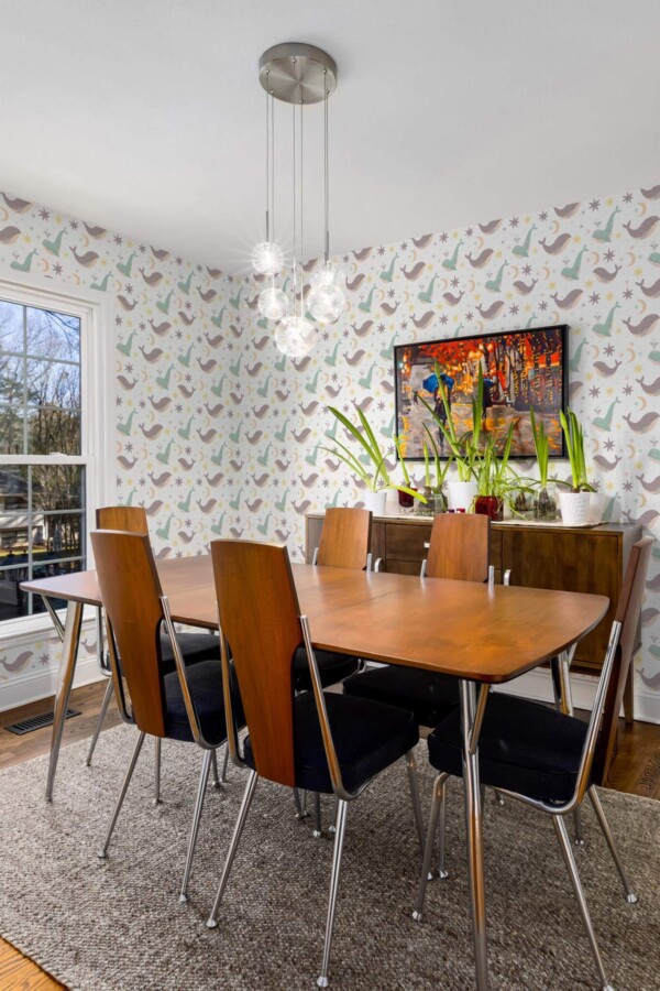 MId-century modern style dining room decorated with Whales peel and stick wallpaper