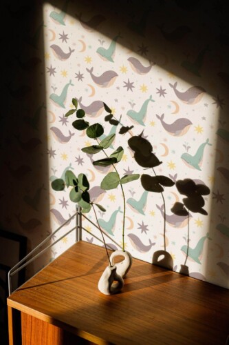 Mid-century style living room decorated with Whales peel and stick wallpaper