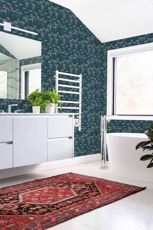 Boho style bathroom decorated with Whimsical bathroom peel and stick wallpaper