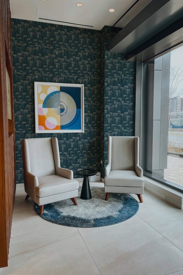 Mid-century-modern style living room decorated with Whimsical bathroom peel and stick wallpaper