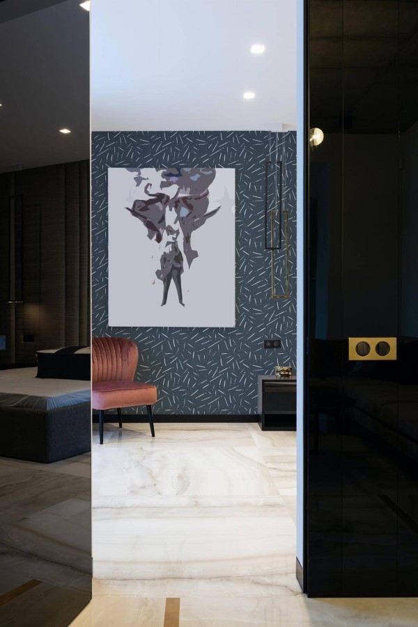 Art deco style bedroom decorated with Whimsical lines peel and stick wallpaper