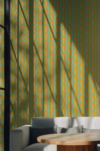 Scandinavian style living room decorated with Whimsical retro peel and stick wallpaper
