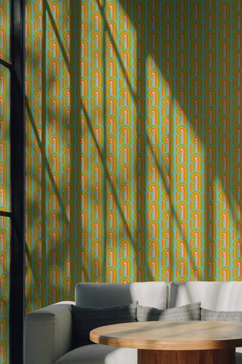 Scandinavian style living room decorated with Whimsical retro peel and stick wallpaper