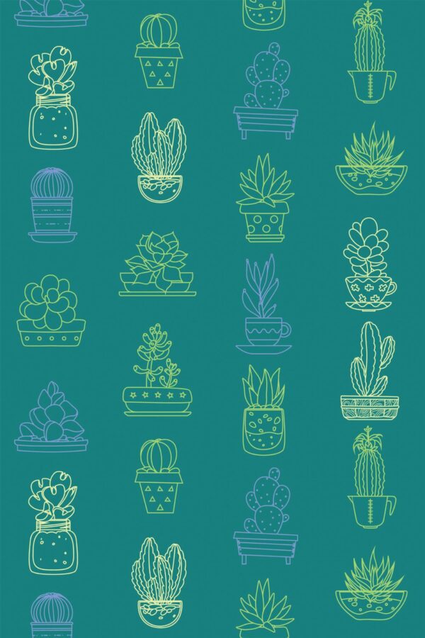 Pattern repeat of Whispers of the Teal Cactus removable wallpaper design
