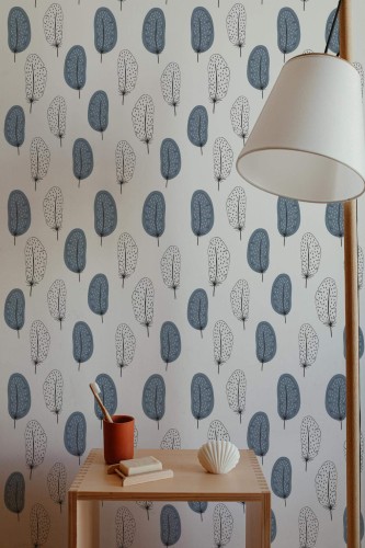 Minimal style bathroom decorated with White and blue feather peel and stick wallpaper