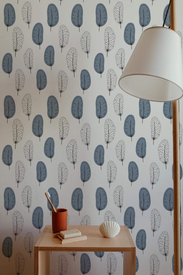 Minimal style bathroom decorated with White and blue feather peel and stick wallpaper