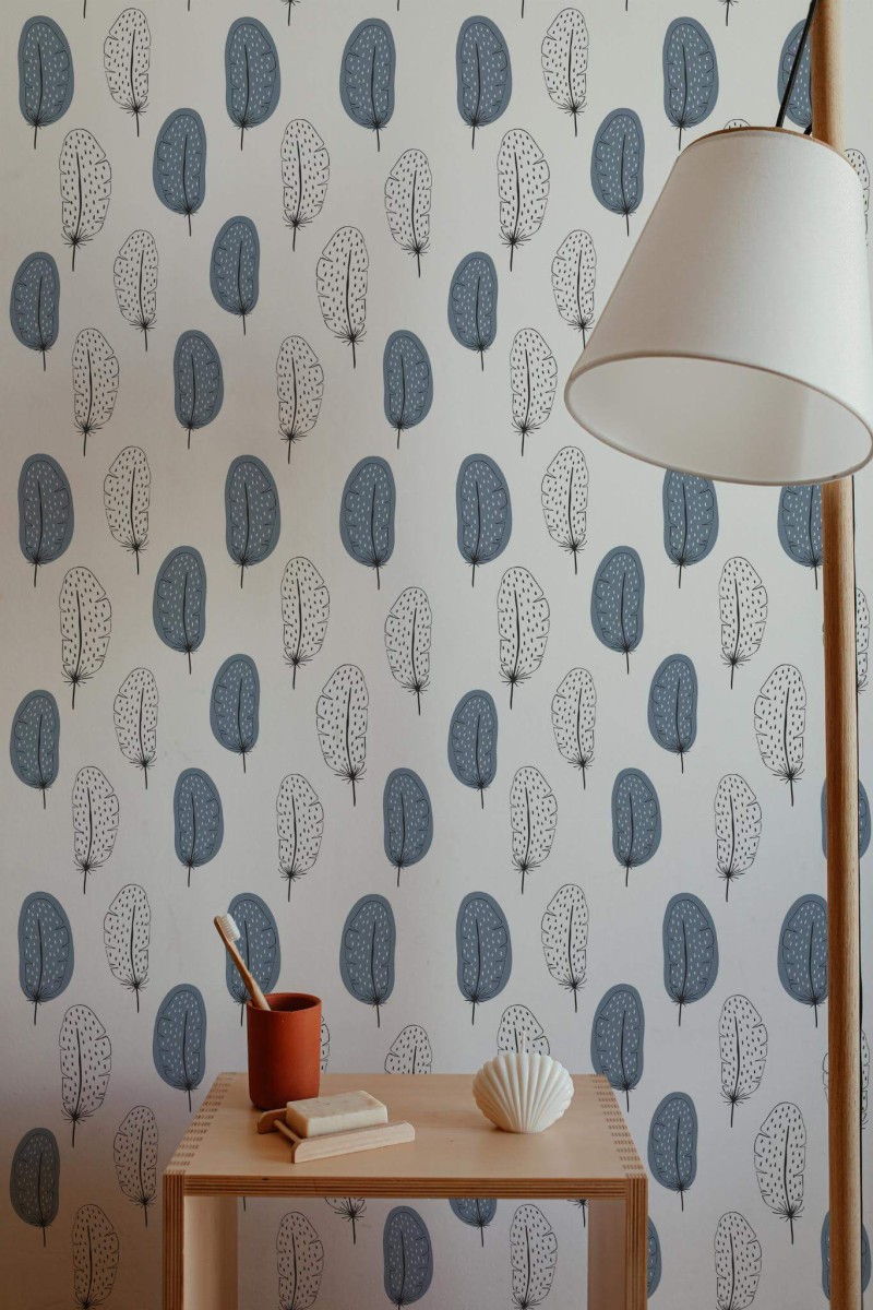 Minimal style bathroom decorated with White and blue feather peel and stick wallpaper