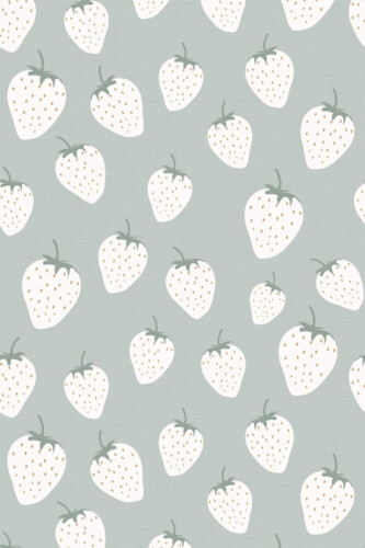 Pattern repeat of White and green strawberry removable wallpaper design