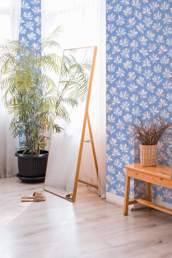 Boho style powder corner decorated with White floral peel and stick wallpaper