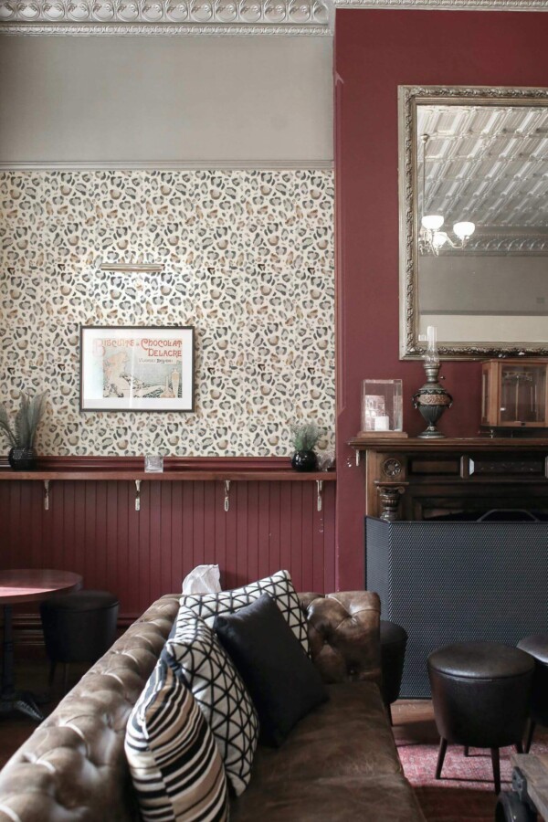 Rustic traditional style living room decorated with White leopard pattern peel and stick wallpaper