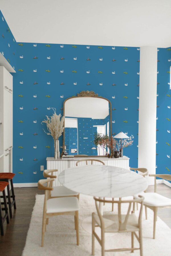 Luxury boho style dining room decorated with White swans peel and stick wallpaper