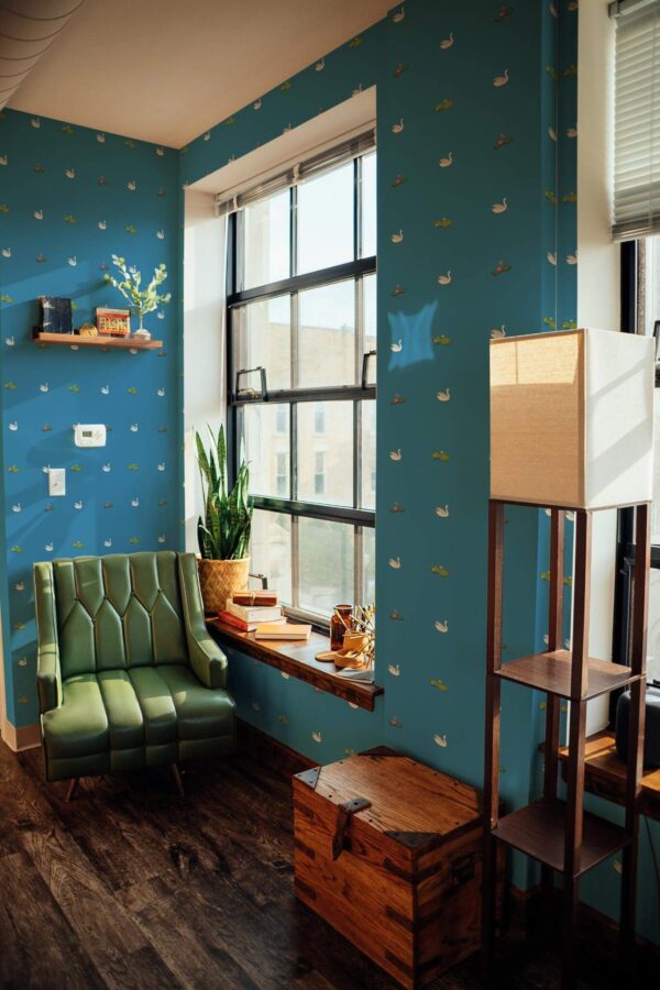 Mid-century style living room decorated with White swans peel and stick wallpaper