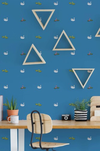 Scandinavian style home office decorated with White swans peel and stick wallpaper