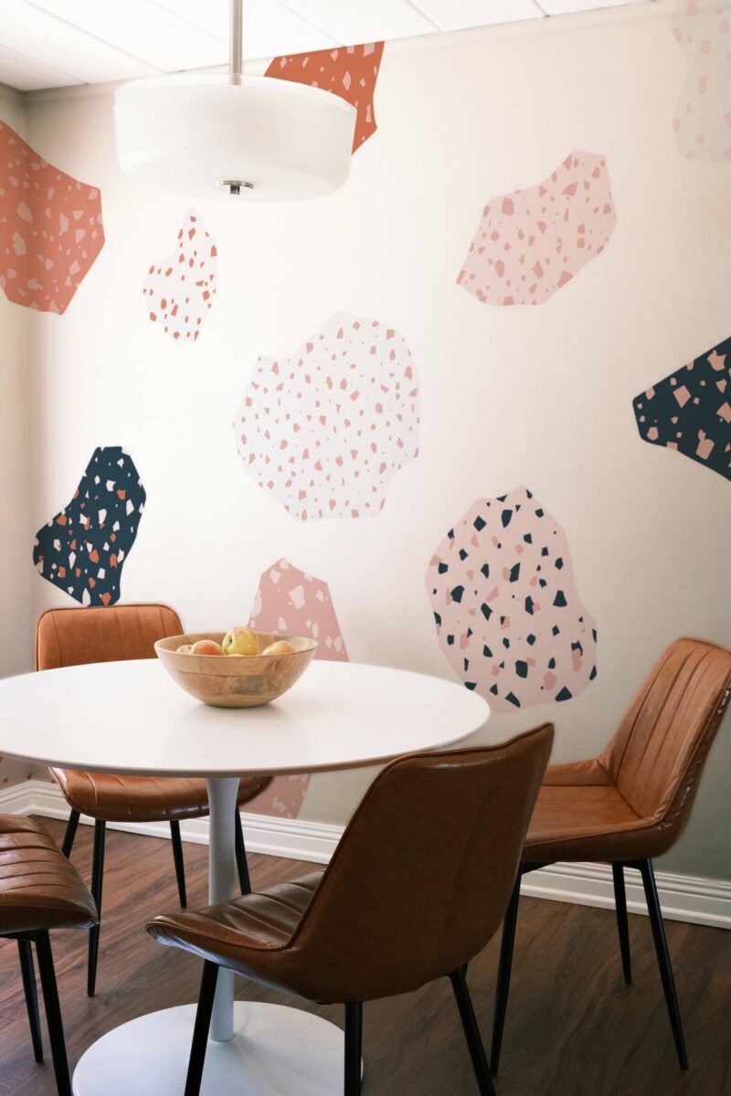 Terrazzo peel and stick or non-pasted wall mural. Fancy Walls removable self-adhesive or traditional abstract terrazzo eco-friendly and PVC-free dining room mural wallpaper.