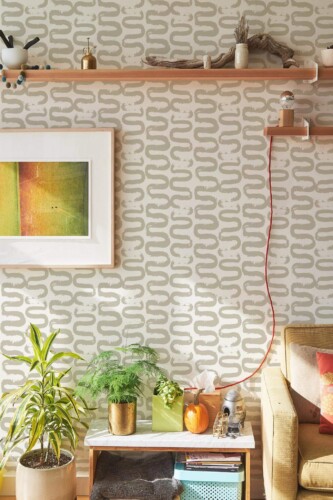 Southwestern style living room decorated with Wiggle room brush stroke peel and stick wallpaper